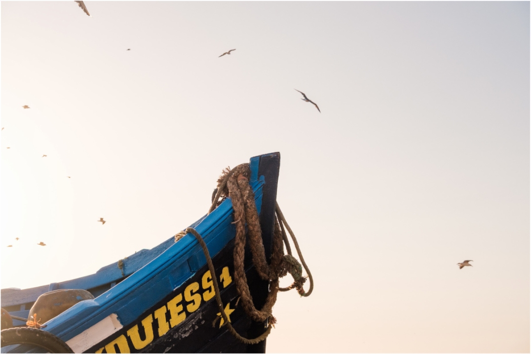 Sarah Varlet - Photo Affiche Poster - Décoration - Voyage Essaouira Maroc Barques bleues - coucher de soleil